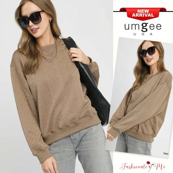 Umgee Textured Pattern Ribbed Hem Crew Neck Cable Knit Casual Sweatshirt | Taupe - Picture 1 of 5